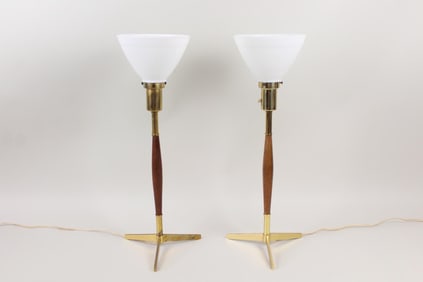 Pair of Mid-Century Modern Wood & Brass Tripod Lamps, Gerald Thurston