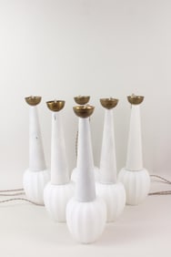 Set of 6 Mid-Century Modern White Glass & Brass Hanging Lights