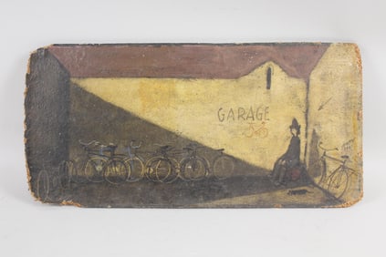 Modernist Painting of a Bicycle Shop, Signed Amen 1961