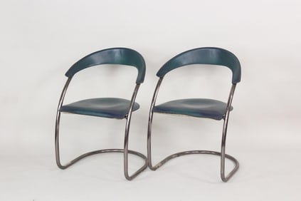 Pair of Green Leather Arrben Italy Canasta Cantilever Chairs