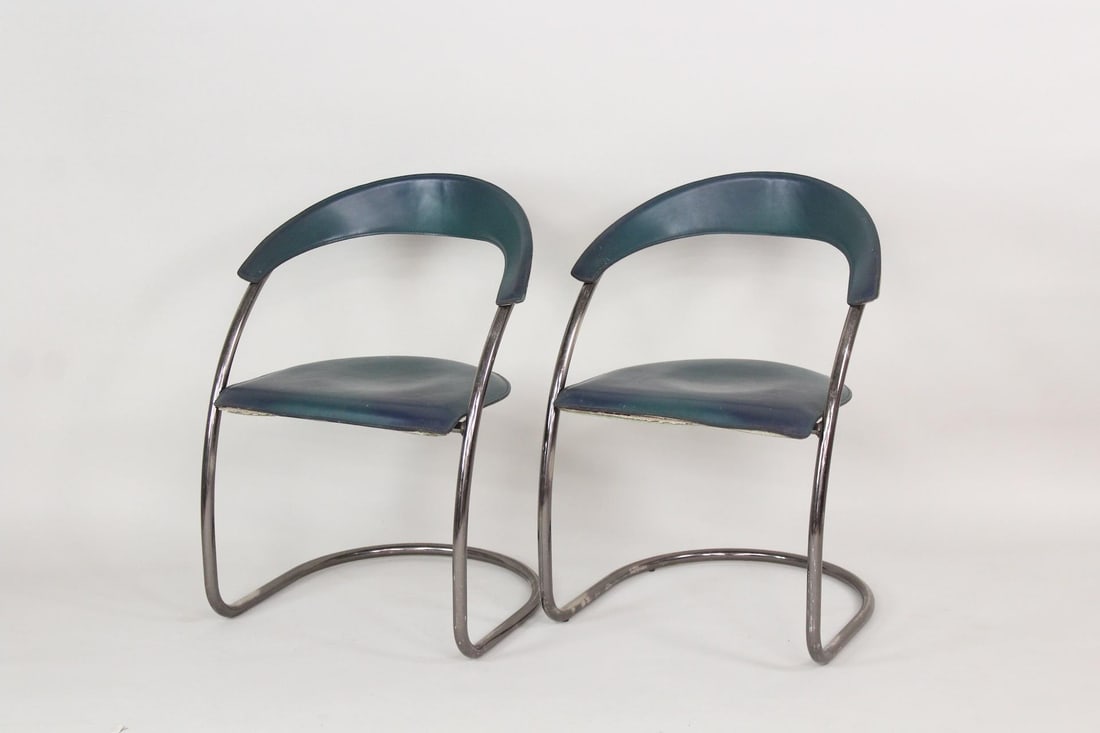 Pair of Green Leather Arrben Italy Canasta Cantilever Chairs (1 of 12)