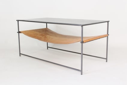Metal Coffee Table with Leather Sling Shelf, Contemporary