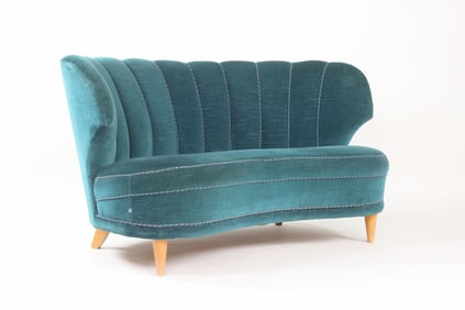 Mid-Century Modern Blue Green Velvet Scalloped Settee Sofa