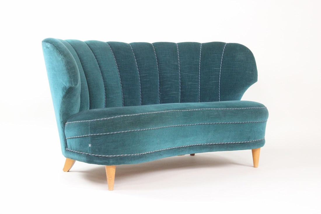Mid-Century Modern Blue Green Velvet Scalloped Settee Sofa (1 of 8)