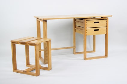 Postmodern Cubism Oak Desk & Nesting Stool