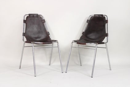 Pair of Charlotte Perriand 'Les Arc' Leather & Metal Stacking Chairs
