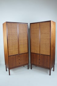 Pair of Mid-Century Modern Walnut & Cane Armoires, Jack Cartwright for Founders