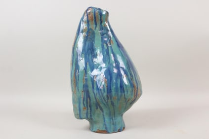 Mid-Century Modern Studio Pottery Vase with Blue Drip Glaze
