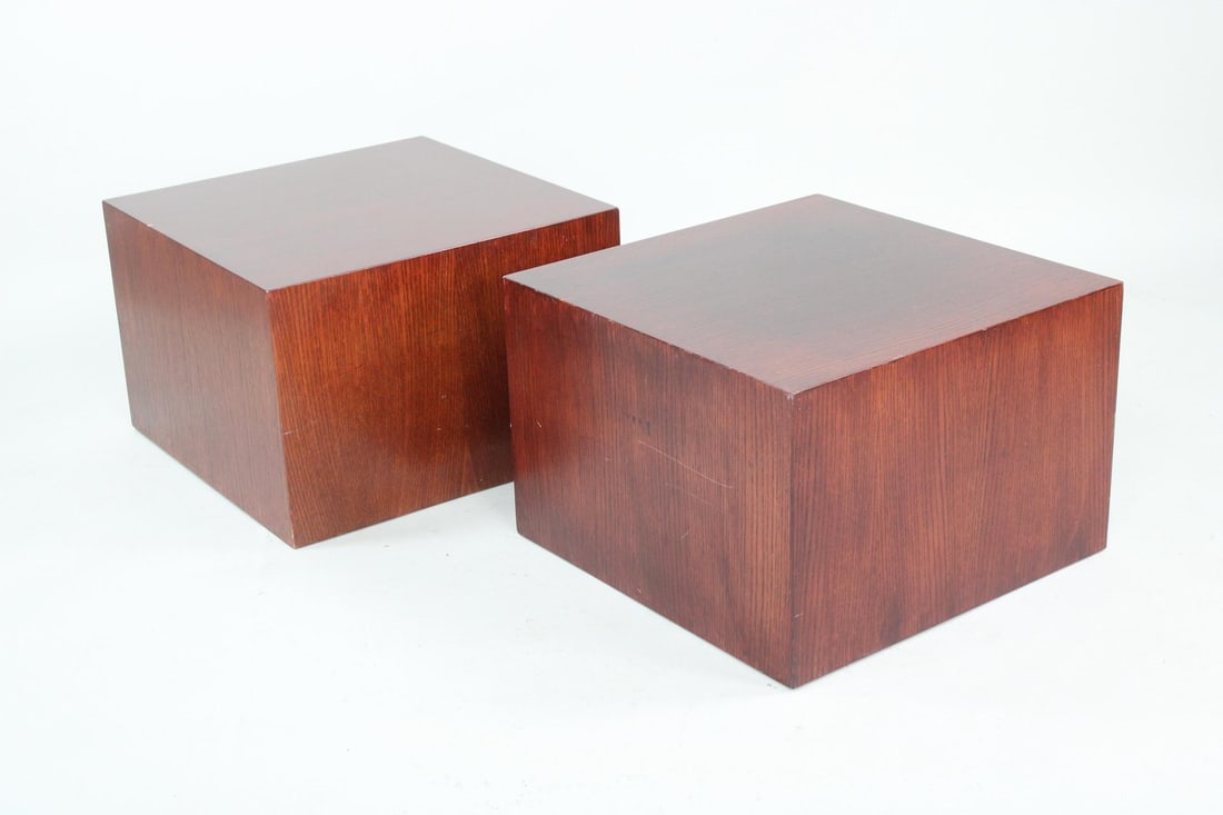 Pair of Minimalist Walnut Cube Low Side Table Pedestals, Paul Mayen for Intrex (1 of 12)
