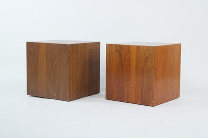Pair of Minimalist Walnut Cube Side Table Pedestals, Paul Mayen for Intrex