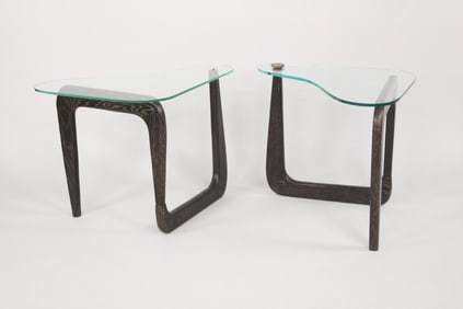 Pair of Mid-Century Modern Noguchi Style Wood & Glass Side Tables