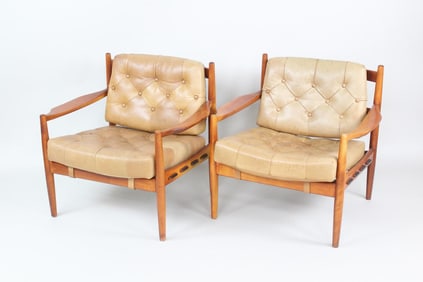 Pair of "Lacko" Leather & Teak Chairs, Ingemar Thillmark for OPE