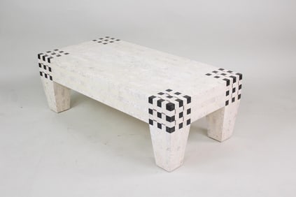 Postmodern Faux Stone Inlay Wood Checkered Coffee Table