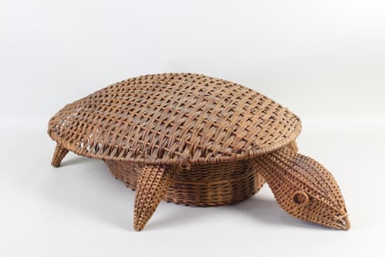 Large Mid-Century Modern Wicker Turtle Covered Basket