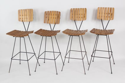 Set of 4 Mid-Century Modern Handmade Wood & Iron Slat Stools, Umanoff Style