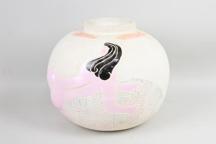 Postmodern Ceramic Vase with Nude Woman, Signed Adams