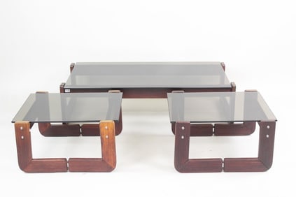 Set of 3 Percival Lafer Rosewood & Smoked Glass Side Tables