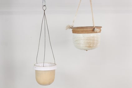 Pair of Mid-Century Modern Dual Tone Ceramic Hanging Bennington Potters Planters