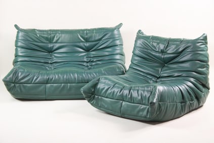 Ligne Roset Green Faux Leather Togo Loveseat & Chair, Michel Ducaroy