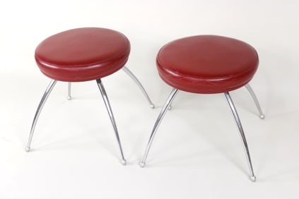 Pair of Postmodern Red Faux Leather & Steel Stools, Leolux Netherlands