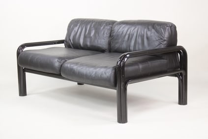 Postmodern Gae Aulenti Black Leather 2-Seater Sofa for Knoll, 1 of 2