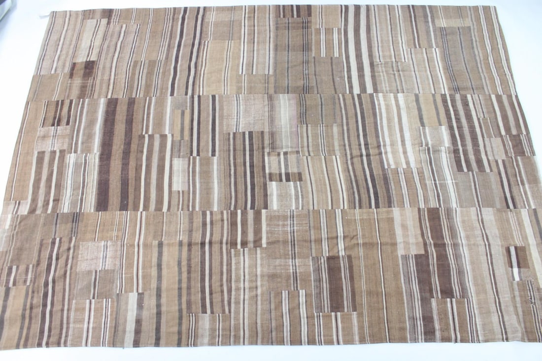 11.5 x 8 Hand Woven Brown Striped Patchwork Kilim Rug (1 of 9)