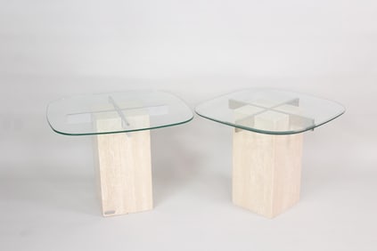 Pair of Mid-Century Modern Travertine & Glass Artedi Side Tables