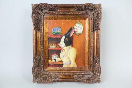 Naive Surreal Painting of Rabbit in Victorian Dress, Signed Dell