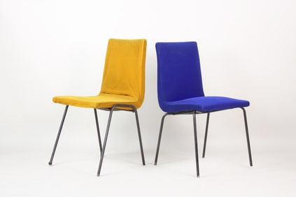 Pair of Mid-Century Modern Mismatched Iron & Cushion Chairs, Pierre Paulin & Pierre Guariche Style