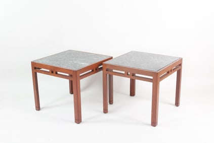 Pair of Chinoiserie Modern Style Green Marble & Wood Side Tables