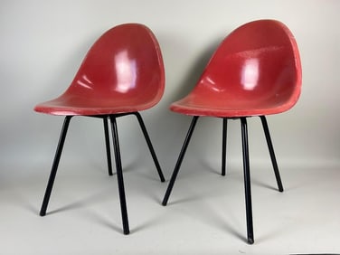 Pair of Mid-Century Modern Red Fiberglass Shell Chairs, Eames Style