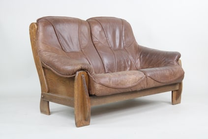 Leather & Wood Loveseat Sofa, Percival Lafer Style