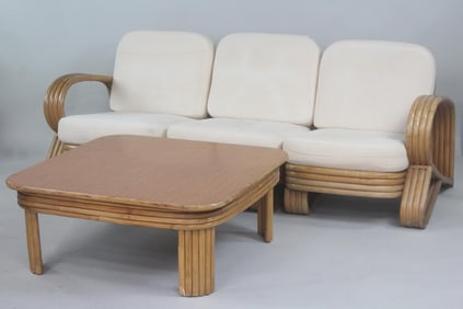 Mid-Century Modern Rattan 3 Seat Sofa & Coffee Table, Paul Frankl Style