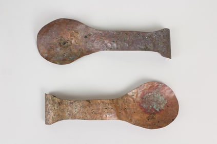 Pair of Primitive Minimalist Hammered Copper Serving Utensils