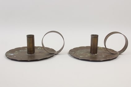 Pair of Minimalist Hammered Brass Candlesticks