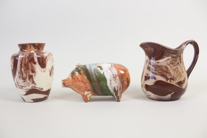 Lot of 3 Marbled Ceramic Pottery Pieces, Vase Pitcher Piggy Bank