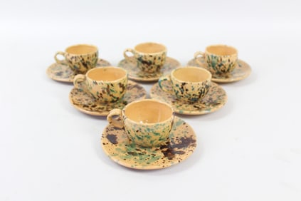 Set of 6 Splattered Ceramic Espresso Tea Cups & Saucers