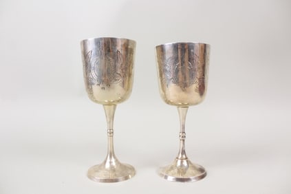 Pair of Etched Silver Plate Wine Goblets in Pink Velvet Box