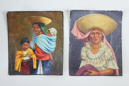 Pair of Miniature Folk Art Paintings, Mexican Women & Children
