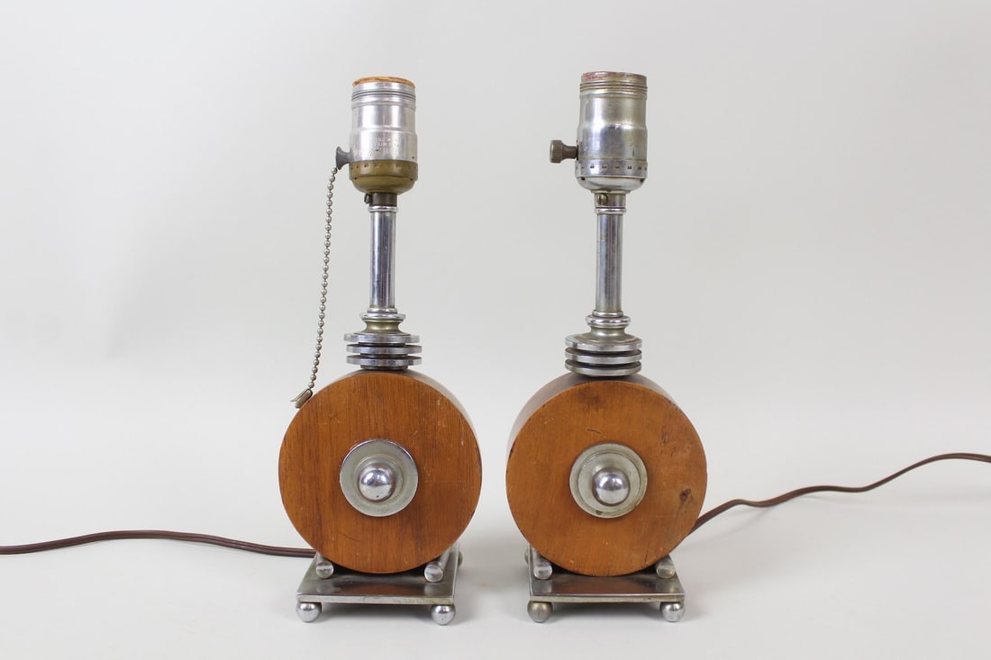 Pair of Art Deco Machine Age Lamps, Wood & Metal (1 of 8)