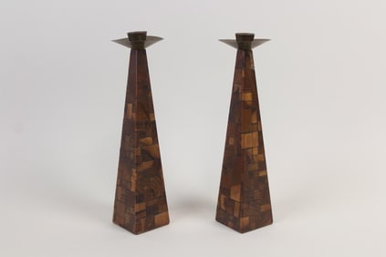 Pair of Mid-Century Modern Mosaic Wood Pyramid Candlesticks