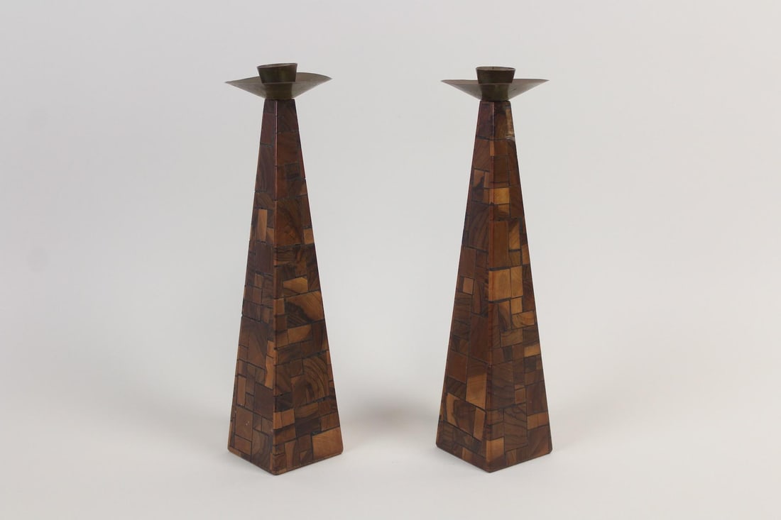 Pair of Mid-Century Modern Mosaic Wood Pyramid Candlesticks (1 of 6)