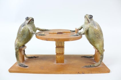 Taxidermy Bullfrogs Playing Domino Game, Folk Art Sculpture