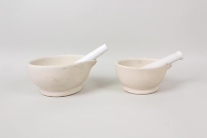 Pair of White Mortar and Pestles, Acid Proof Apothecary Kitchen