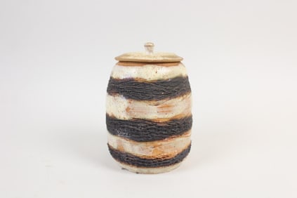 Textural Black & White Striped Studio Pottery Jar with Lid