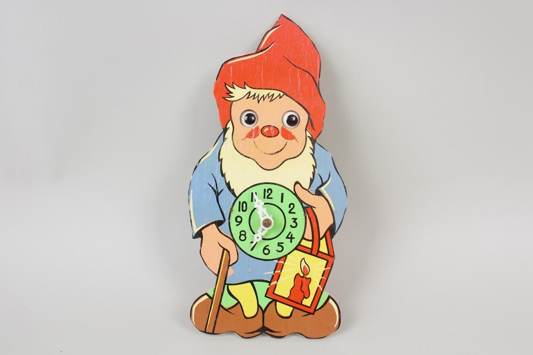Western Germany Painted Wooden Moving Eyes Gnome Wall Clock (1 of 9)