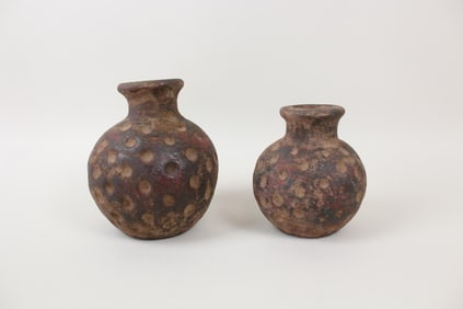 Pair of Small Handmade Terracotta Dot Vases