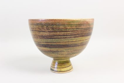 Mid-Century Modern Raymor Ceramic Striped Pottery Pedestal Bowl