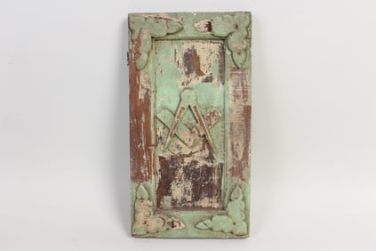 Green Painted Carved Wooden Masonic Plaque