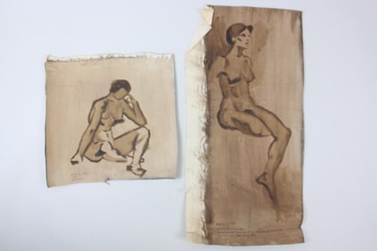 Pair of Nude Female Figure Painting Studies on Canvas, 1968